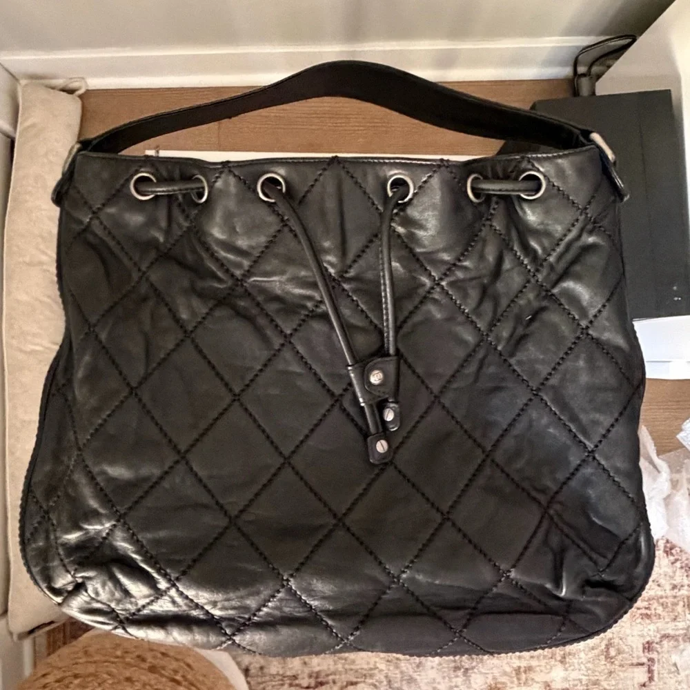 Chanel Wild Stitch Quilted Drawstring Hobo in Black Calfskin